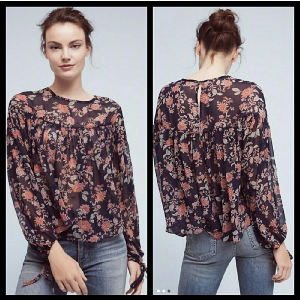 ANTHROPOLOGIE Chloe Olivier Flori Sheer Beaded Blouse M Boho Festival C190